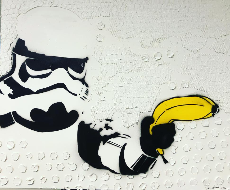 Banana Trooper, 70cmx60cm, Stencil und Spachtel auf Leinwand
